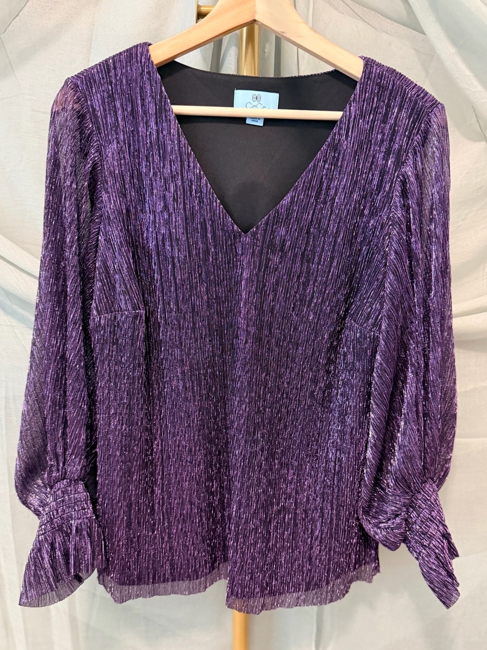 CeCe Purple Metallic V-Neck Long Sleeve Blouse